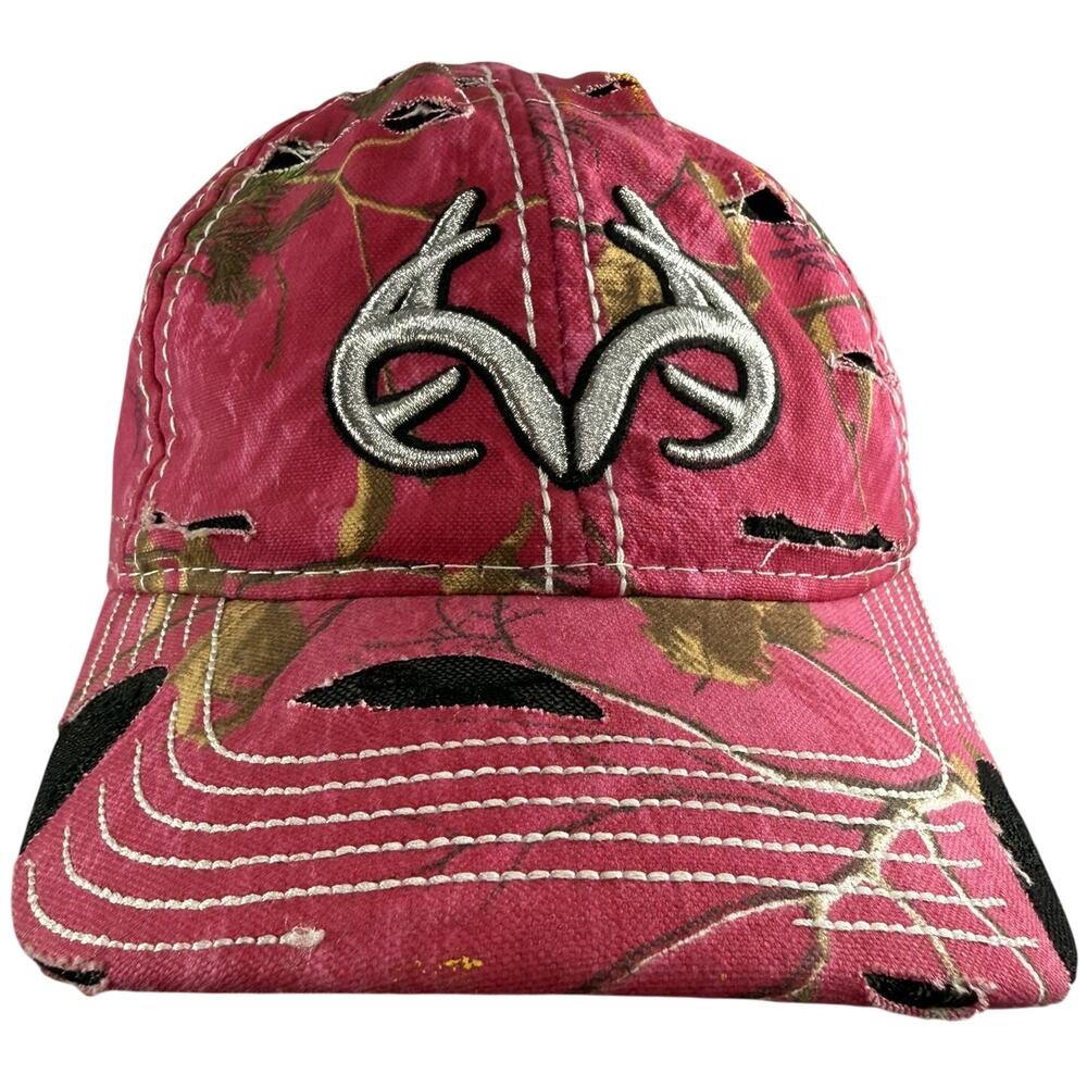 Realtree Hat Cap Pink Camo Distressed Cutouts Black Lace Silver Embroidered Logo